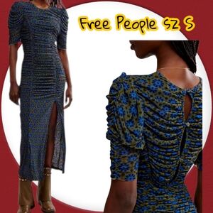 NWT Free People Green/ Blue Ruched Bodycon Midi Dress sz S